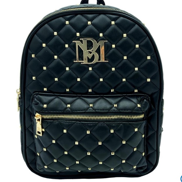 Badgley Mischka Black Quilted Backpack Gold Studded Hardware Adjustable Straps - Picture 5 of 14